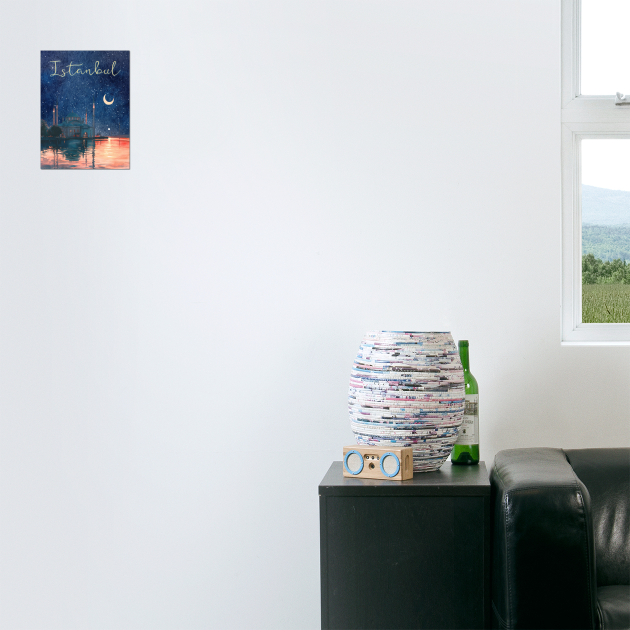 Istanbul Night Sky Travel Poster – Watercolor Cityscape Art by TuncGK